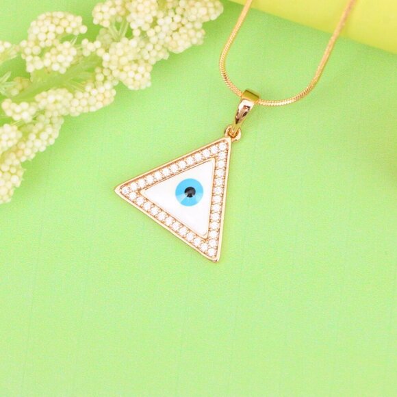 "Triangle Evil Eye Rose Gold Pendant with Cubic Zirconia Border, XPPT1474 - Picture 12 of 13